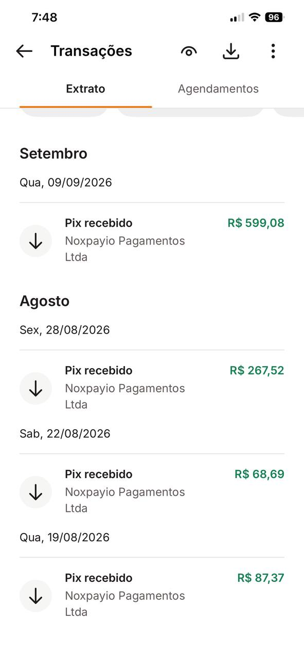 Extrato com recebimentos Pix da Noxpay em diferentes datas